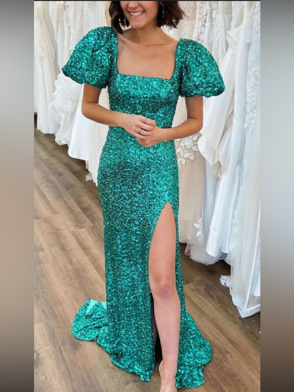 NWT $189 B Darlin Green Teal Sequin Maxi Dress w/ Puff Sleeves & Leg Slit Sz 1/2